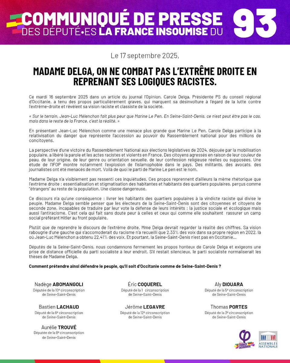 AlyDiouara's tweet image. 🔴 Nous condamnons avec la plus grande fermeté [et dégoût] les propos de @CaroleDelga. Essentialiser les habitants•es de la Seine-Saint-Denis c’est faire le nid de l’extrême-droite.