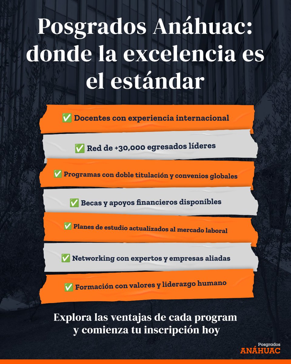 🏆 Cuando tu formación se rige por la excelencia, tus resultados también lo hacen.

 👉 Da el siguiente paso hacia tu futuro profesional: hubs.la/Q01M5lvg0

#PosgradosAnáhuac #ExcelenciaProfesional #LiderazgoConValores #FormaciónDeImpacto