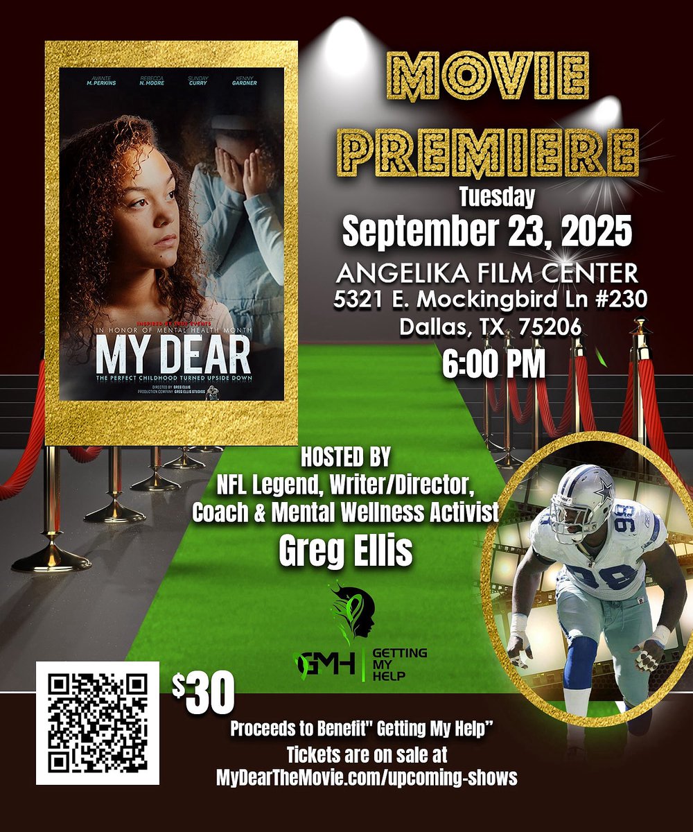 TFireoved's tweet photo. Come join @dallascowboys legend Greg Ellis as he premiers the film “My Dear” in support of and benefitting @gettingmyhelp - which is dedicated to increasing awareness of mental health wellness. https://t.co/ubnI1nYOQC