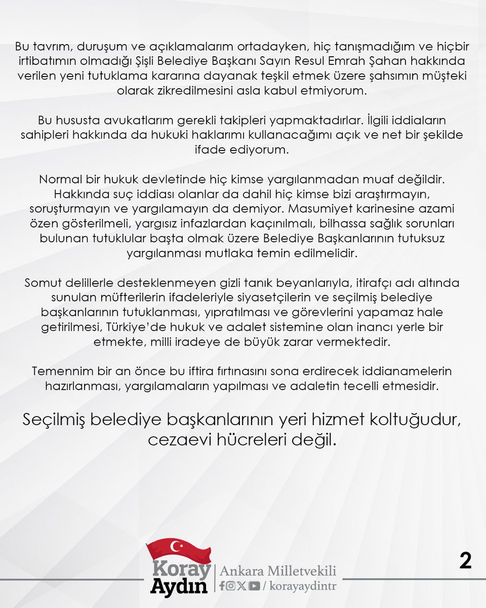 🔴Şişli Belediye Başkanı Sayın Resul Emrah Şahan’dan şikayetçi olduğum ve şahsımdan rüşvet veya bağış istendiği iddiası asla doğru değildir.

🔴Bir süredir yazılı, görsel ve sosyal medyada, tutuklu bulunan Şişli Belediye Başkanı Sayın Resul Emrah Şahan’dan şikayetçi olduğum
