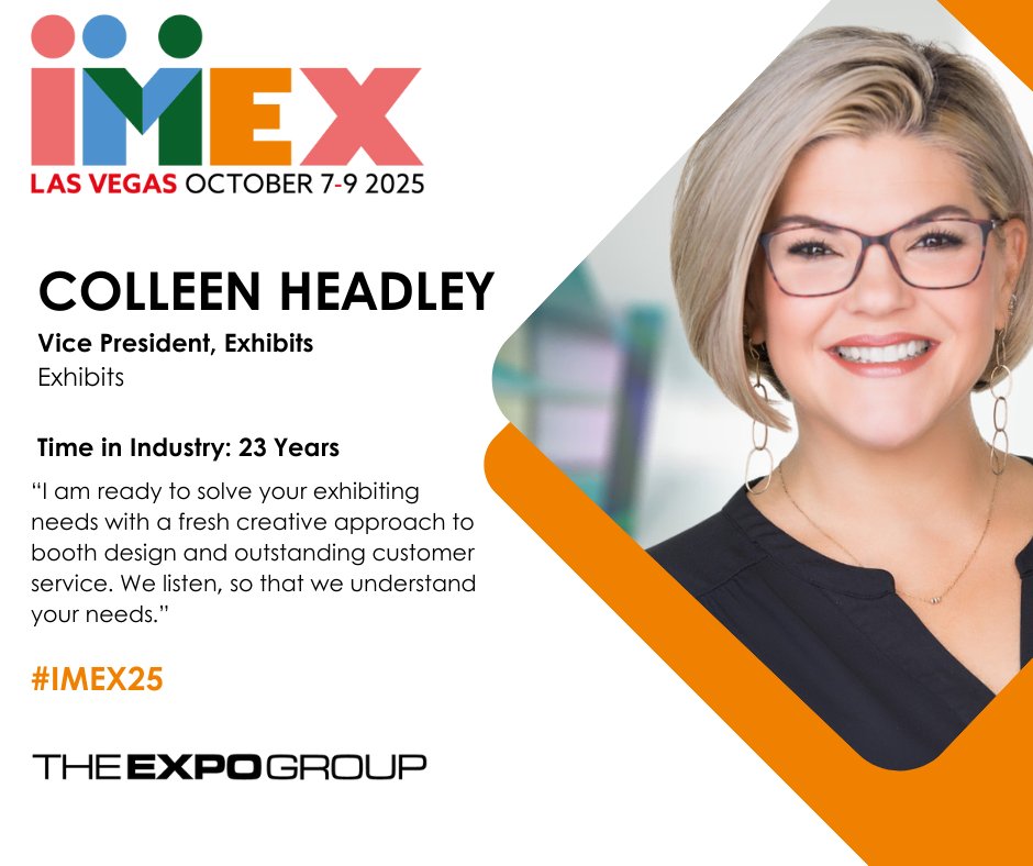 Colleen Headley, Vice President, Exhibits is attending IMEX 2025! Will you be there? Drop by Booth C4065 to meet Colleen and our team. Schedule a meeting with us here: vist.ly/475rq
#IMEX25 #theexpogroup