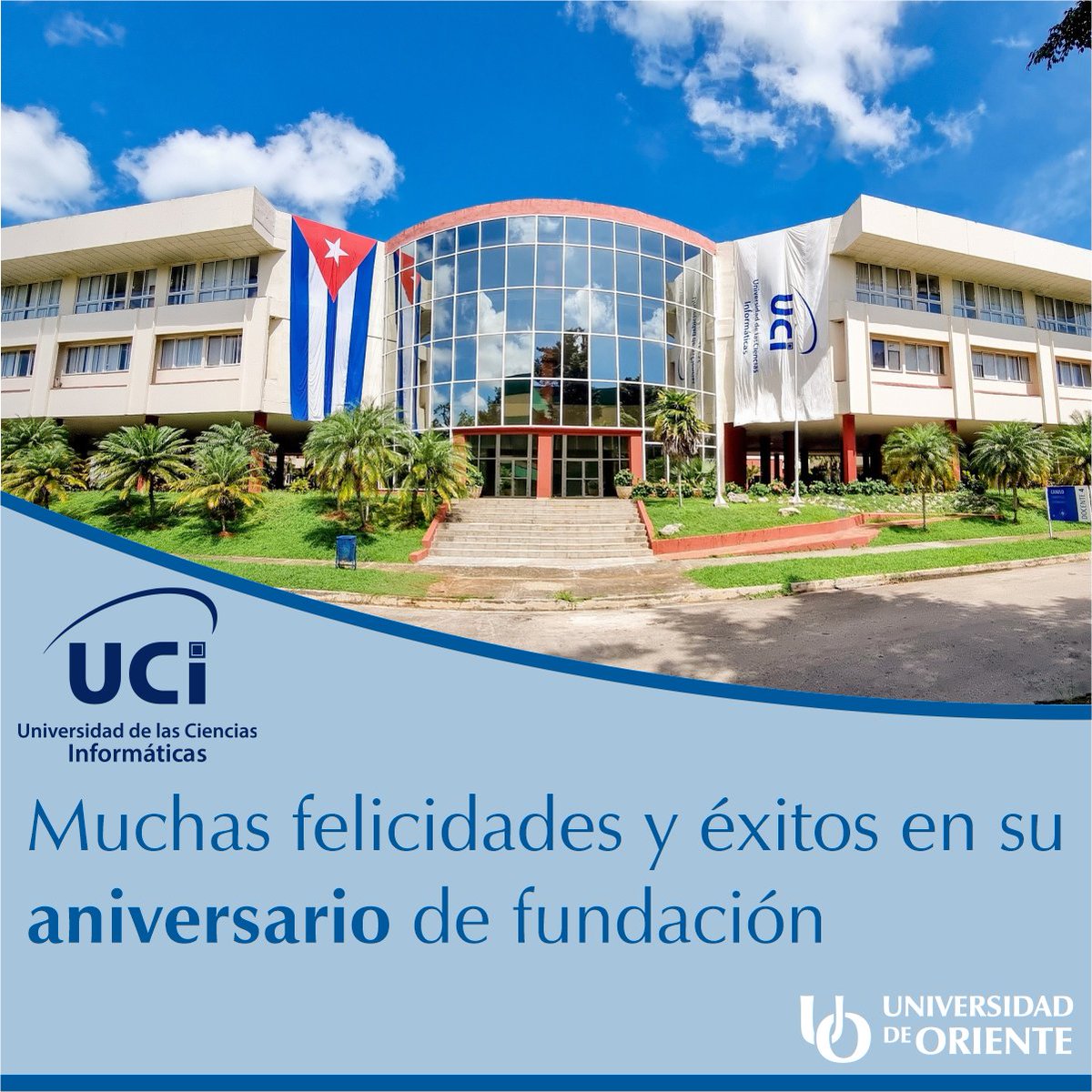 Muchas felicidades para la comunidad universitaria de la hermana Universidad de las Ciencias Informáticas (UCI), en ocasión de celebrarse el aniversario 23 de fundación. Le deseamos muchos éxitos en su gestión, por una #EducaciónSuperior de calidad y futurista. #FelizAniversario