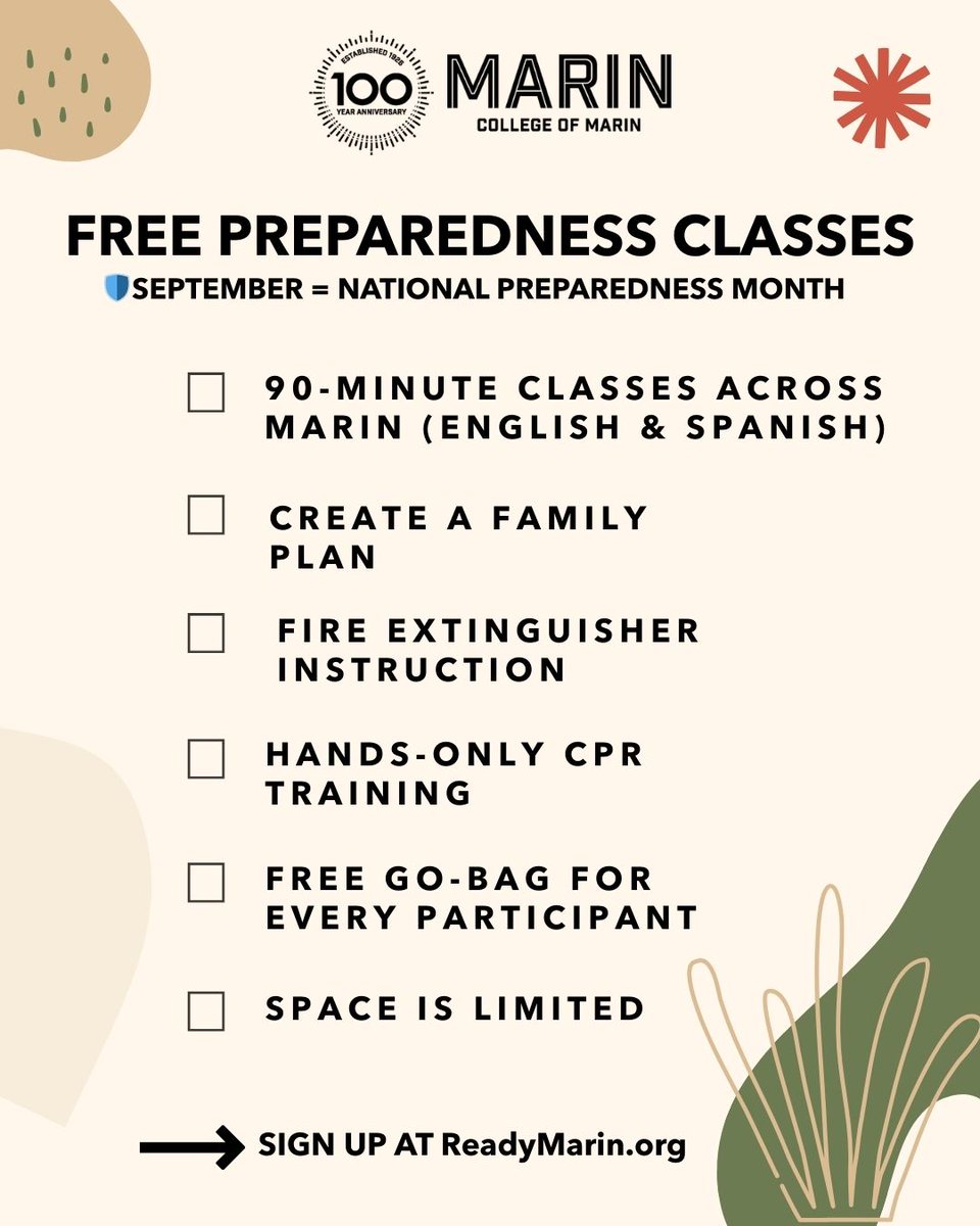 This September, the County of Marin is offering FREE 90-minute disaster preparedness classes during National Preparedness Month!

Sign up now at ReadyMarin.org