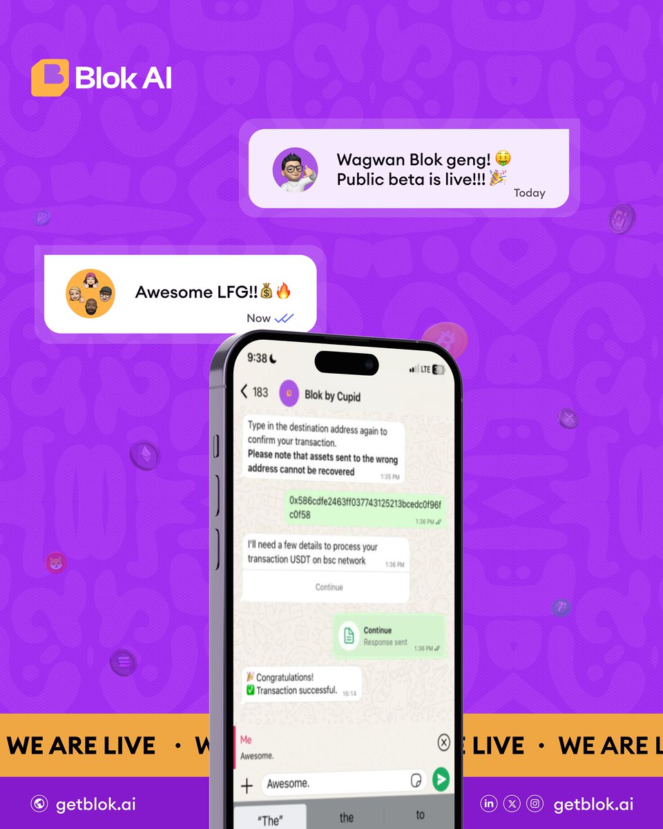 getblokai's tweet image. Public Beta is LIVE!🥳

Blok AI is now open for everyone. 🎉

Hurry to 👉 getblok.ai or simply click the link in our bio to start chatting with Blok directly on WhatsApp today. 💬🔥