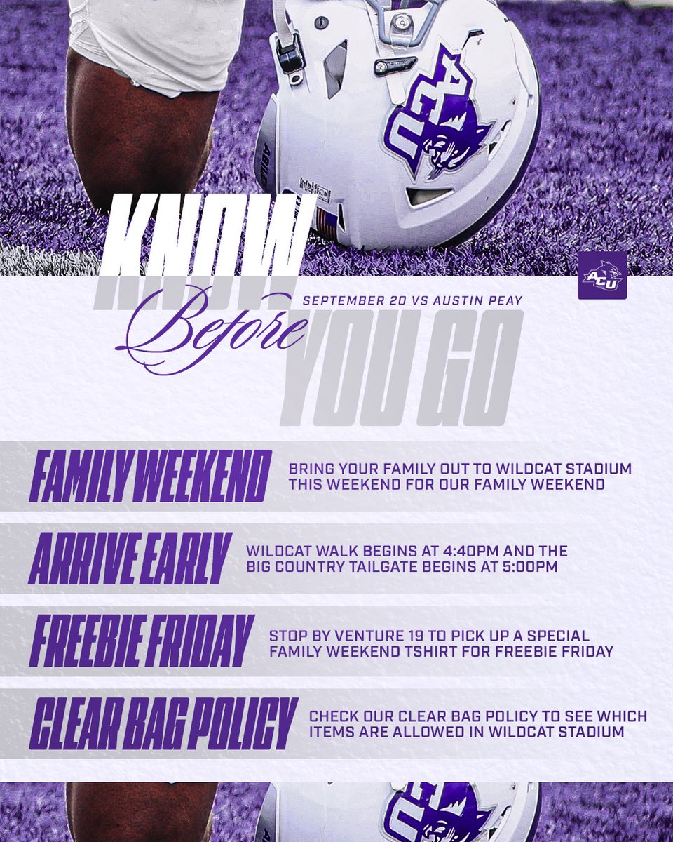 Happy Game Week Wildcats!🏈

Here’s what you 𝙣𝙚𝙚𝙙 𝙩𝙤 𝙠𝙣𝙤𝙬!⤵️

🧑‍🧑‍🧒‍🧒 Family Weekend
⏰ Arrive Early
👜 Clear Bag Policy
🧑‍🤝‍🧑 Invite a Friend
🟣 Wear Purple

🗣️See you Saturday Wildcats!👏

#CDT | #GoWildcats