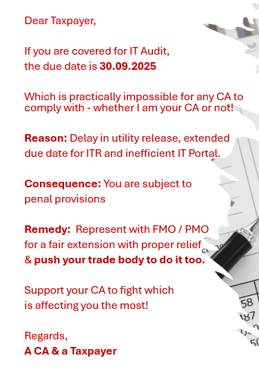 Suryanema's tweet image. My appeal to All Taxpayers (Tax Audit Cases)

It is your war, your CA is fighting.

If you really feel that quality matters,
Represent with FMO, Write to PMO
Push your trade body too support you.

THE TIME IS NOW
ABHI NAHI TO KABHI NAHI

#IncomeTax #Extend_TAR_DueDate