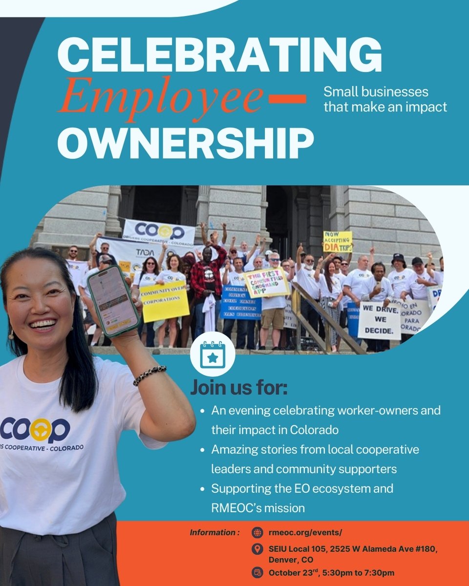 rmeoc_'s tweet image. 🎉 Celebrate Employee Ownership Month with RMEOC!
📅 Oct 23, 2025 | 5:30–7:30 PM
📍 SEIU Local 105, Denver

Join us for stories, community, &amp;amp; vision for a stronger, democratic economy. RSVP + sponsor today!

🔗 f.mtr.cool/kauvpsoolq

#EmployeeOwnership #CoopsBuildCommunity