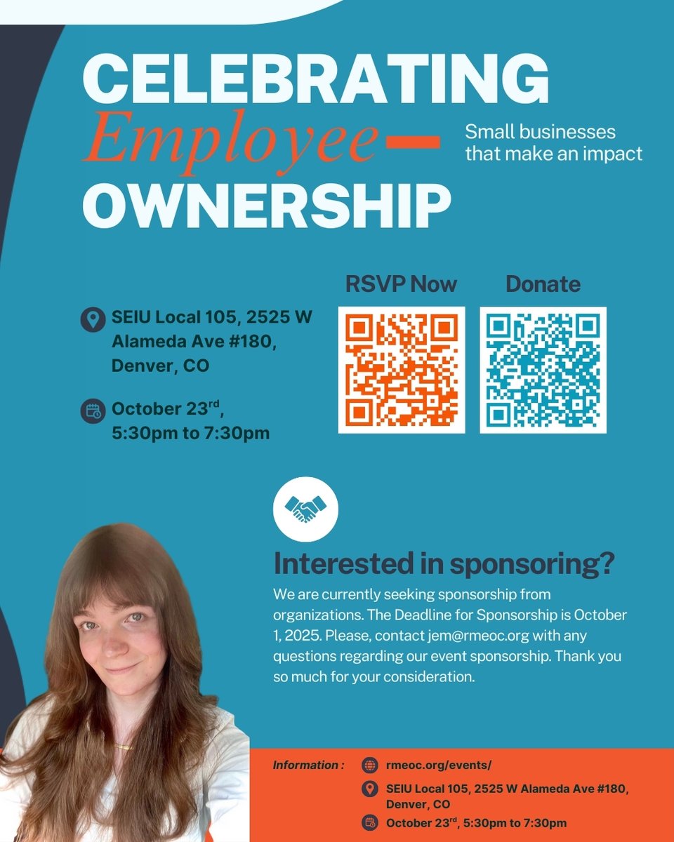 rmeoc_'s tweet image. 🎉 Celebrate Employee Ownership Month with RMEOC!
📅 Oct 23, 2025 | 5:30–7:30 PM
📍 SEIU Local 105, Denver

Join us for stories, community, &amp;amp; vision for a stronger, democratic economy. RSVP + sponsor today!

🔗 f.mtr.cool/kauvpsoolq

#EmployeeOwnership #CoopsBuildCommunity