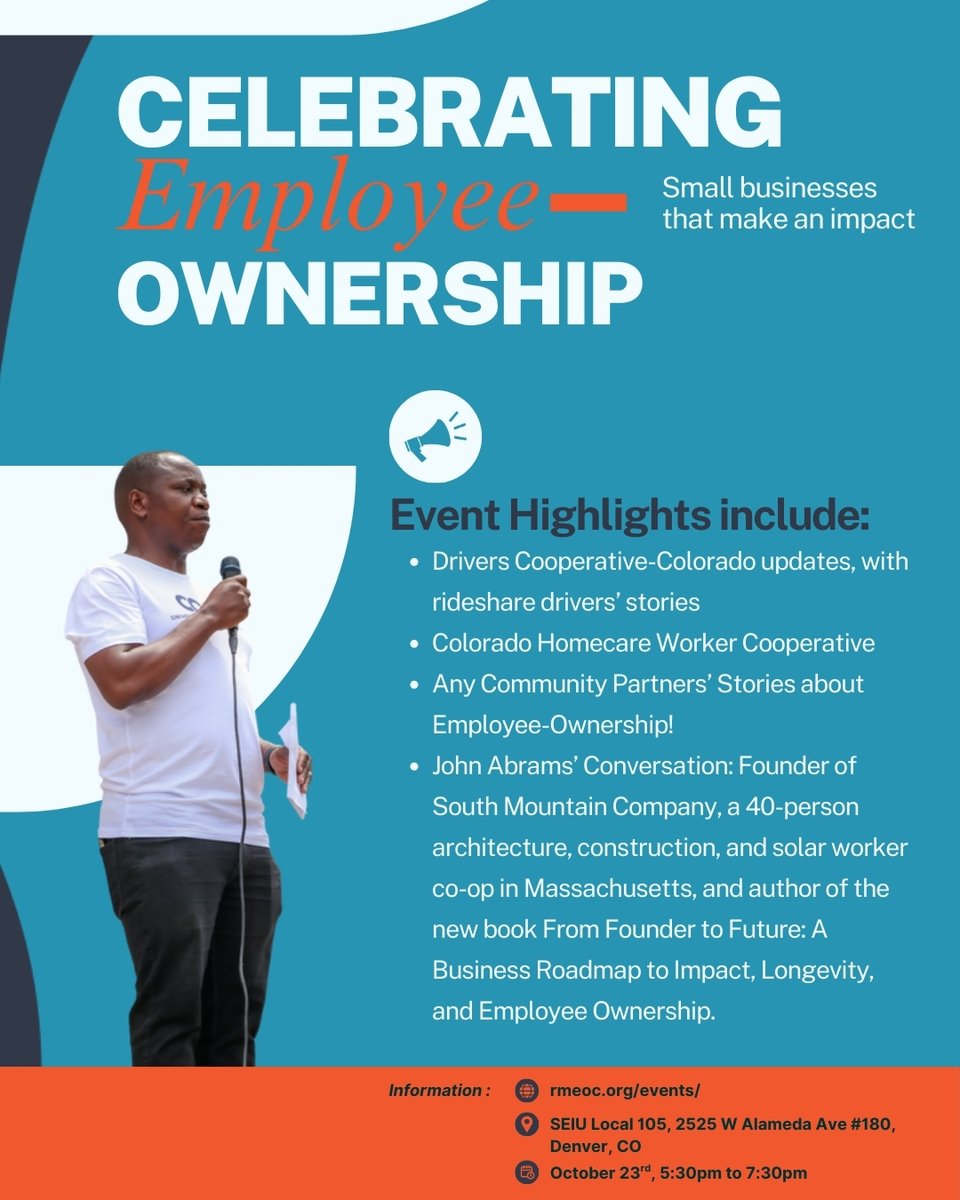 rmeoc_'s tweet image. 🎉 Celebrate Employee Ownership Month with RMEOC!
📅 Oct 23, 2025 | 5:30–7:30 PM
📍 SEIU Local 105, Denver

Join us for stories, community, &amp;amp; vision for a stronger, democratic economy. RSVP + sponsor today!

🔗 f.mtr.cool/kauvpsoolq

#EmployeeOwnership #CoopsBuildCommunity
