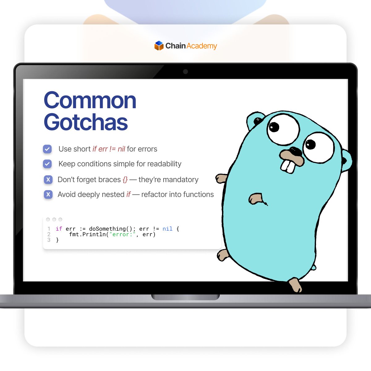 chainacademy_'s tweet image. Go Conditionals in 4 swipes! 🐹👋
Learn the basics, short declarations, and common gotchas in the final post of our Go series. 

#LearnGo #GoLangBasics #GolangTips #ChainAcademy #LimitlessLearning