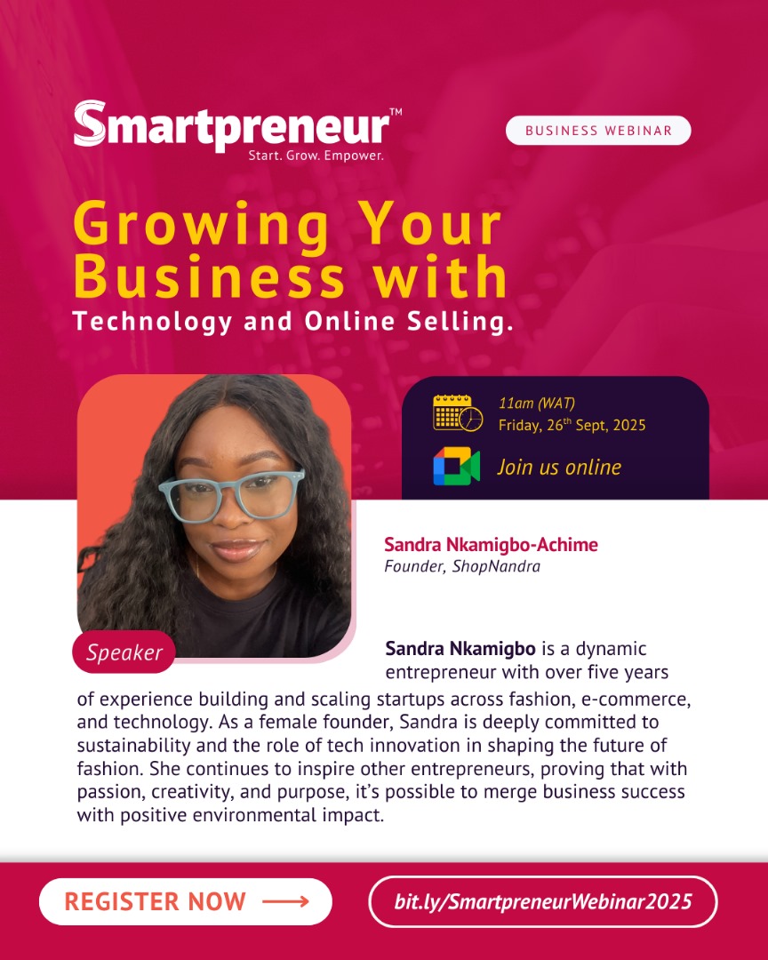 SmartPreneurNg's tweet image. Your business can grow faster with the right tools 🚀✨

Join us as Sandra Nkamigbo-Achime shares how technology and online selling can transform your business.

👉 Register now: bit.ly/SmartpreneurWe…

#smartpreneur #businesswebinar #growwithtech #explorepage