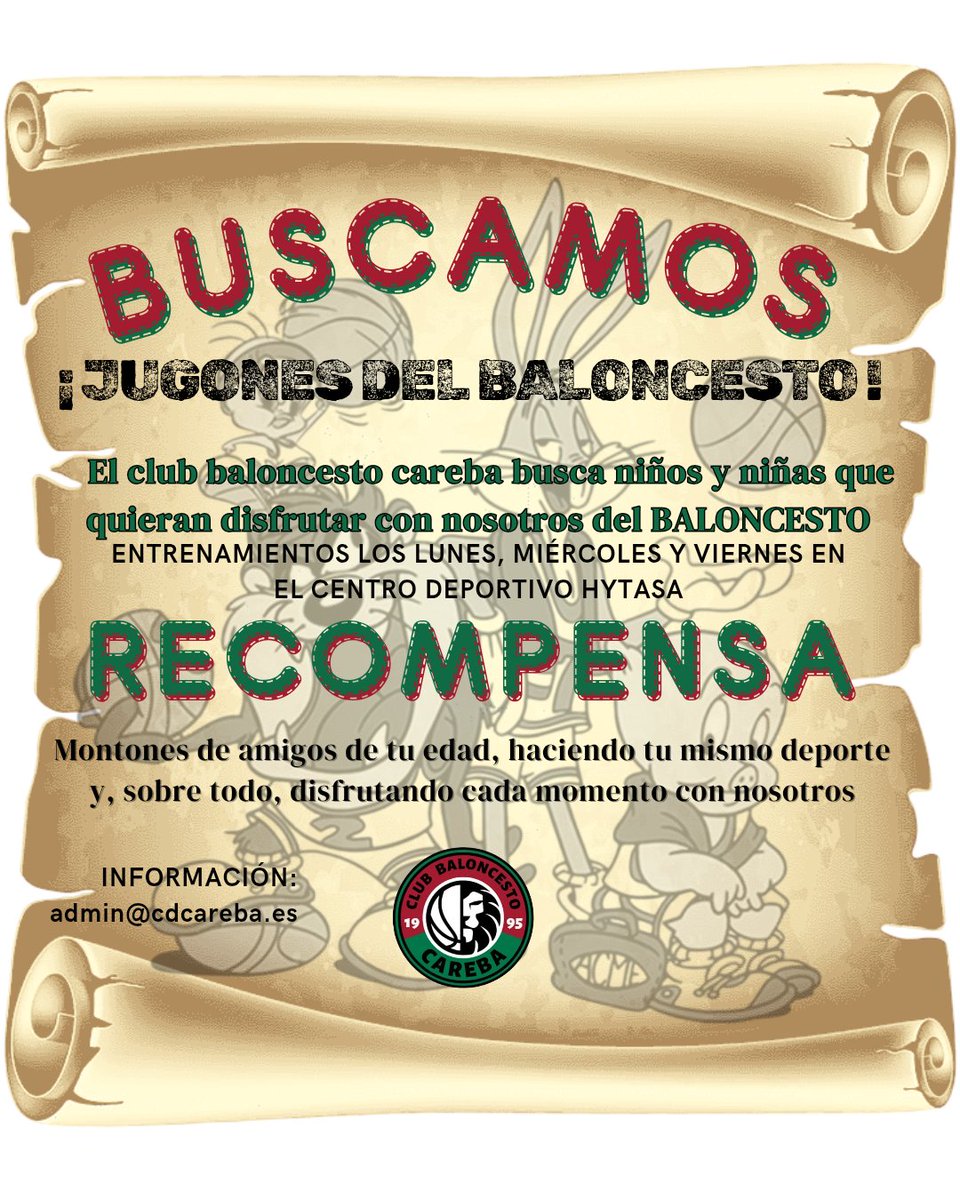 📢 Buscamos Peques y Prebenjamines ‼️

📆 Lunes, miércoles y viernes
⏰️ 17:00 - 18:30
📍 C.D. Hytasa

¡Os esperamos!
📧 admin@cdcareba.es 

#SomosCareba