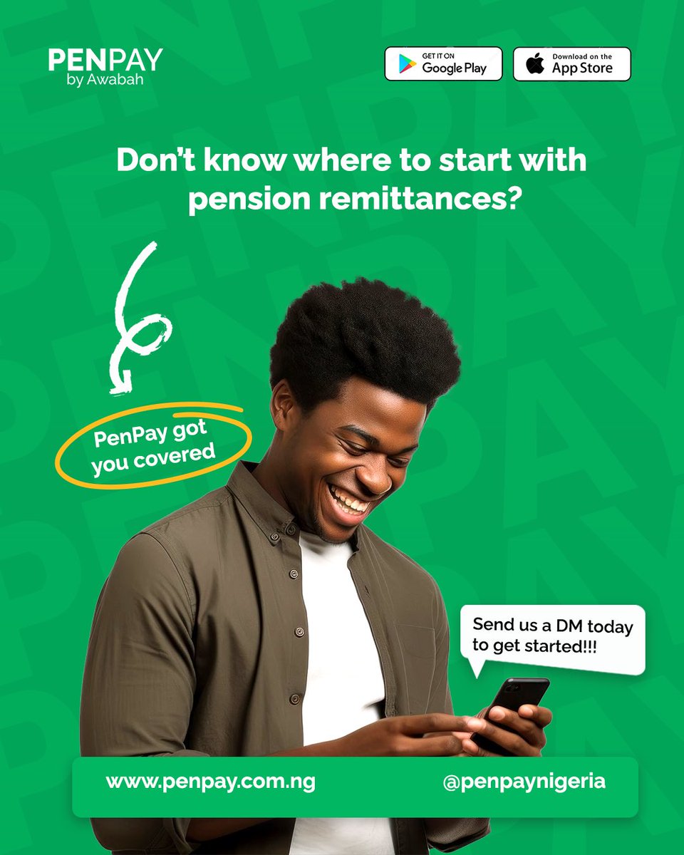 Still stressing over pension remittances? 
With PenPay, it’s now as easy as buying airtime. 

To secure your future in minutes, slide into our DMs today!

#PenPay #PensionPayments #PensionsinNigeria #wellness #PensionRemittanceinNigeria #PensionSolutions #DigitalPayments #Fintech