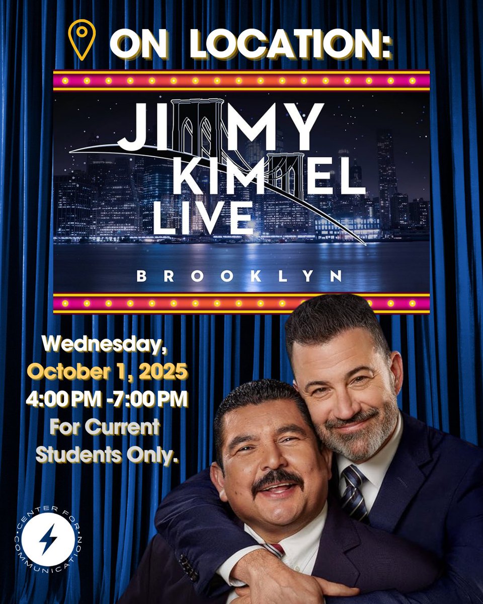 Hey Guys! CenCom is back with our On Location visits📍⚡! Join us for a live taping of <a href="/JimmyKimmelLive/">Jimmy Kimmel Live</a>! in Brooklyn on Wed, October 1st, from 4:00 to 7:00 PM. OPEN TO CURRENT STUDENTS ONLY. Spots are limited, so REQUEST YOUR SPOT EARLY: bit.ly/OnLocationJimm…  
See you there!