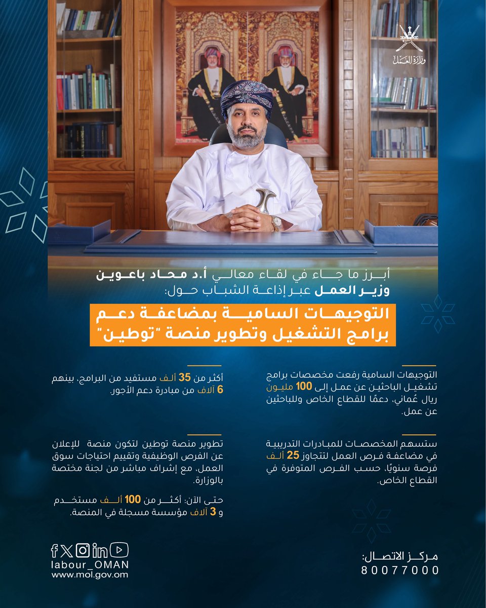 Labour_OMAN's tweet photo. أبرز ما جاء في لقاء معالي أ.د محاد باعوين وزير العمل عبر إذاعة الشباب 

@ShababRadioOman حول:
التوجيهات السامية بمضاعفة دعم
برامج التشغيل @TashgheelOm وتطوير منصة "توطين@TawteenOman 

#وزارة_العمل https://t.co/esJC7cbZxM