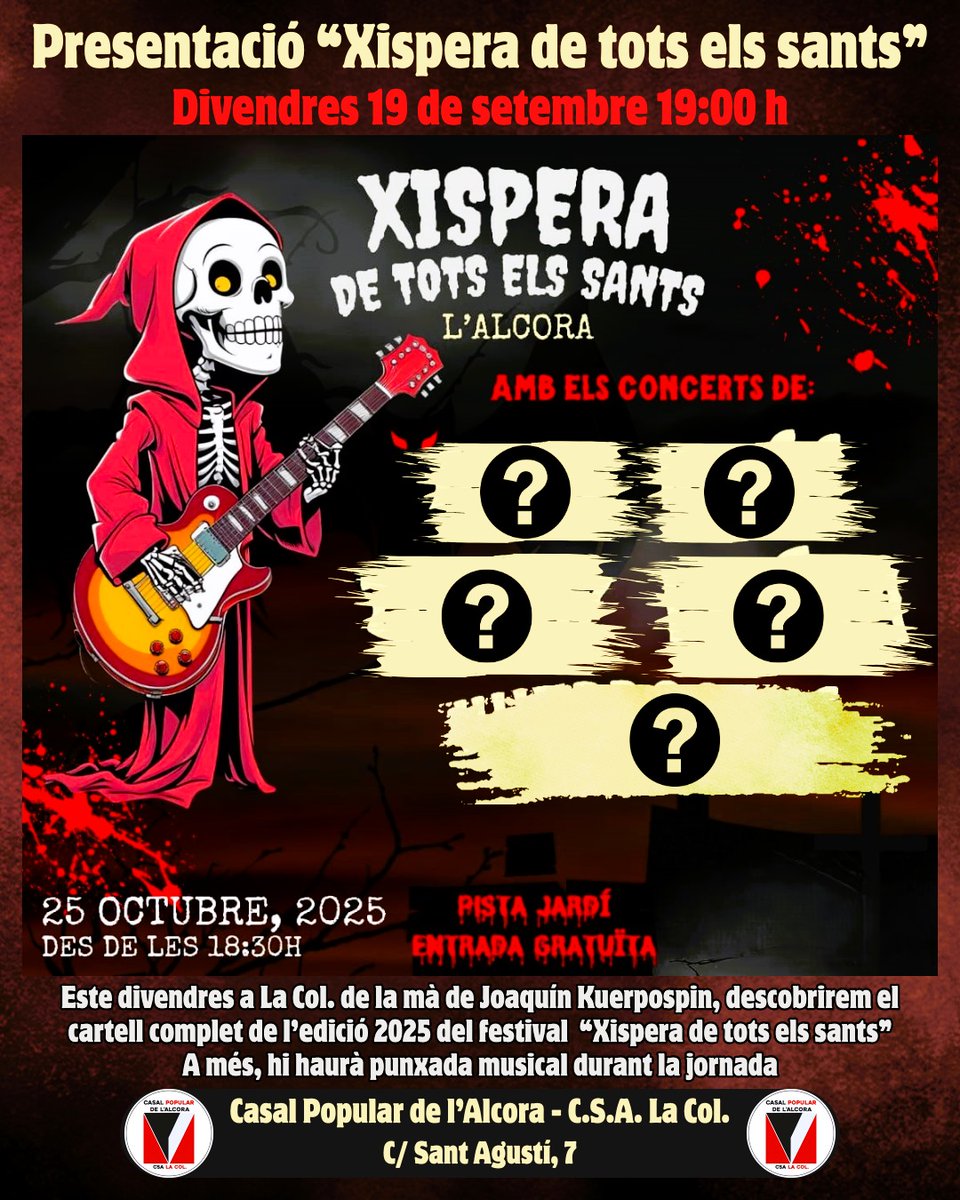 Este divendres obrim en el nostre horari habitual i comptem una activitat una miqueta especial! Joaquín, organitzador de la Xispera de Tots Sants, ens presentarà el cartell del festi! Alerta, que hi ha sorpreses! Divendres a les 19:00h. ens veiem a la Col!