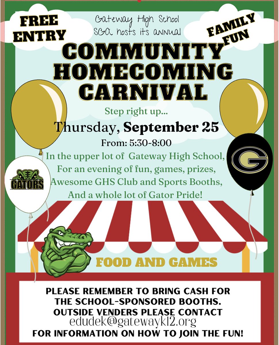 Gateway_SD's tweet image. Our annual Community Homecoming Carnival is coming up next week, September 25, from 5:30 p.m - 8:00 p.m in the upper lot at Gateway High School. Just us for a fun-filled night and show off your Gator pride!