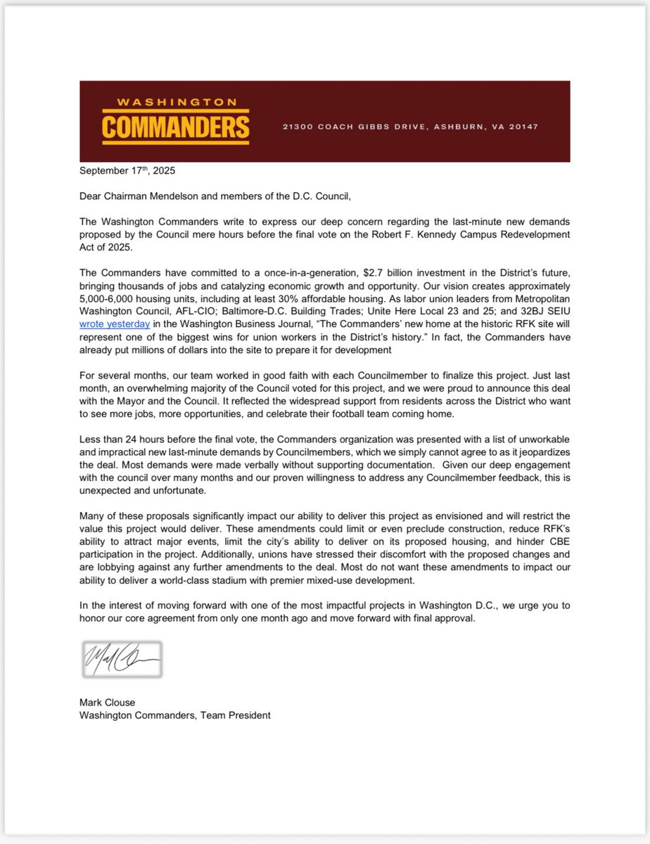 EricFlackTV's tweet image. 🚨STADIUM IN JEOPARDY?🚨

Commanders send letter to DC Council w/ “deep concern regarding last-minute new demands…”

Team “presented with a list of unworkable and impractical new last-minute demands by Council members, which we simply cannot agree to as it jeopardizes the deal.”