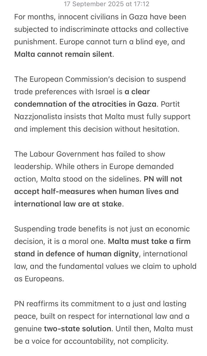 The EU has suspended trade benefits with Israel in response to atrocities in Gaza. <a href="/PNmalta/">Partit Nazzjonalista</a> insists #Malta must fully support this decision.

Silence is complicit. 

Malta must stand for human dignity, international law &amp; peace. 

PN’s reaction to <a href="/EU_Commission/">European Commission</a>’s proposal: