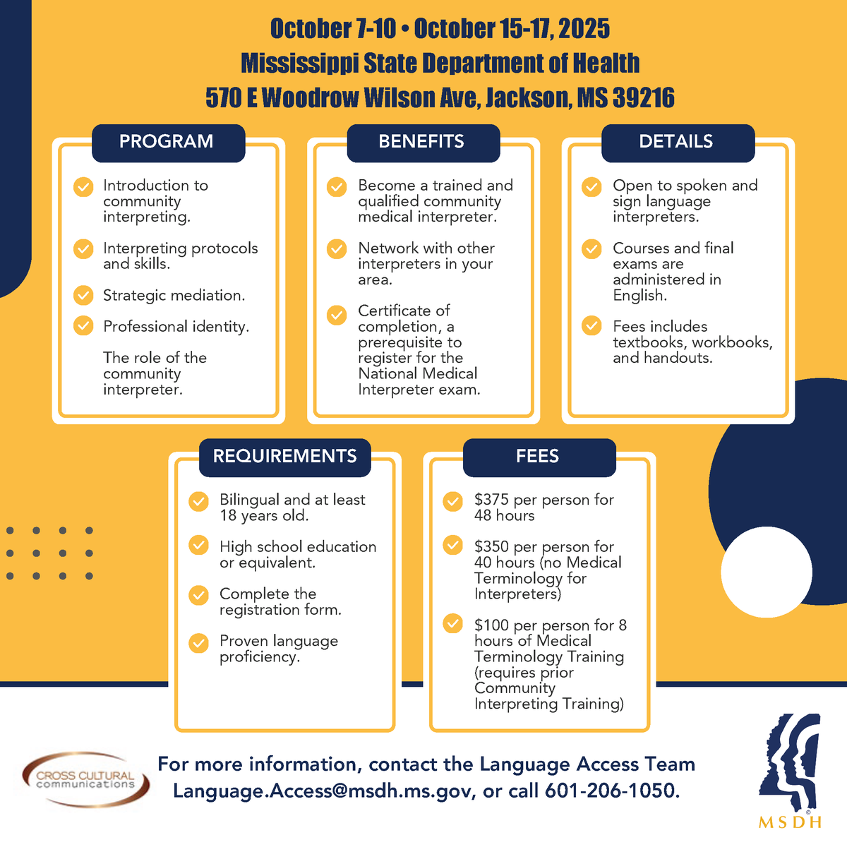 msdh's tweet photo. 📢 Bilingual? Expand your skills with MSDH’s Community Interpreter &amp; Medical Terminology Training!

🗓️ Oct. 7–10 &amp; Oct. 15–17, 2025
📍 Jackson, MS
⏰ 8:30 a.m.–5 p.m.

✅ For spoken &amp; sign language interpreters
✅ Certificate of completion provided

🔗 Register by Sept. 26 https://t.co/WQysN2xVCj