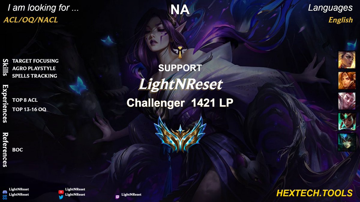 LFT ACL/OQ/NACL Or any other league that's opened

❤️ &amp; 🔁 Are Very Appreciated! 

Going back to my OG Role. DM me on Discord @
LightNReset