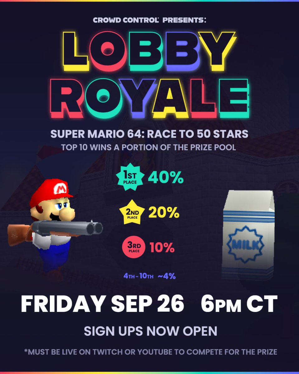 CrowdControl's tweet image. We’re excited to announce a brand new competitive event from the Crowd Control team: Lobby Royale 🎉

🎮 Game: Super Mario 64
⭐️ Goal: Collect 50 stars
📆 Date and Time: Friday 26 Sept @ 6pm CT

⚠️ Sign-ups are now OPEN!
👉 cctrl.cc/sm64-lobby-roy…