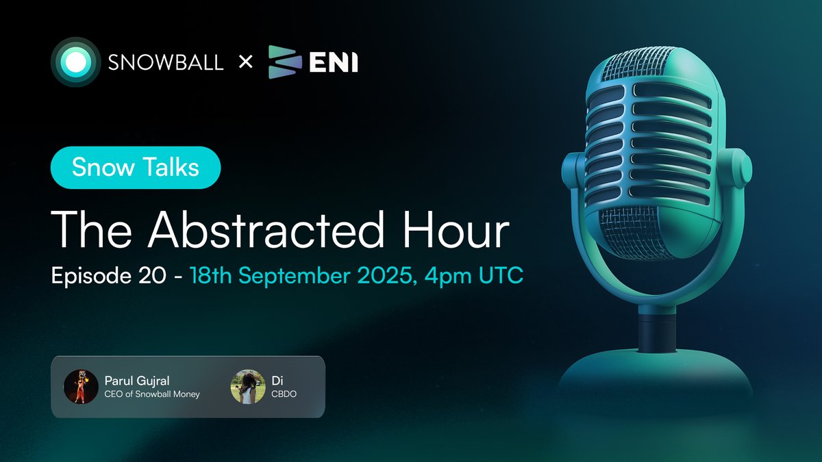 snowball_money's tweet photo. 🎙️ Episode 20 of Snow Talks: The Abstracted Hour is here featuring @ENI__Official 

This time, we dive into the future of modular enterprises with ENIAC Network, a next-gen Web3 infrastructure built on ZK-powered scalability, security, and interoperability.

Guests:
Di – CBDO of @ENI__Official 
@whoisparul – CEO of @snowball_money

Why you should tune in:
- Learn how ENIAC is enabling ultra-fast 10K+ TPS transactions for high-demand enterprise apps
- Explore how one-click AppChain deployment is shaping the future of modular Web3
- See how Snowball MNS brings identity, trust & reputation to power these ecosystems

Get a glimpse into how enterprise-grade infrastructure + portable identity can accelerate global Web3 adoption.

Date: 18th September, 2025
Time: 4 PM UTC

Join the conversation & be part of shaping the next wave of Web3 innovation👇