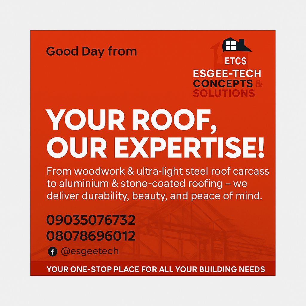 Esgeetec's tweet photo. 🌞 Good Day from Esgee-Tech Concepts &amp; Solutions! 🏗️✨

Your dream home deserves the best protection from the top — and that’s where we come in.
From roof carcass (woodwork &amp; ultra-light steel) to aluminium &amp; stone-coated roofing, we deliver durability, beauty, and peace of mind. https://t.co/jp14uaRWM2