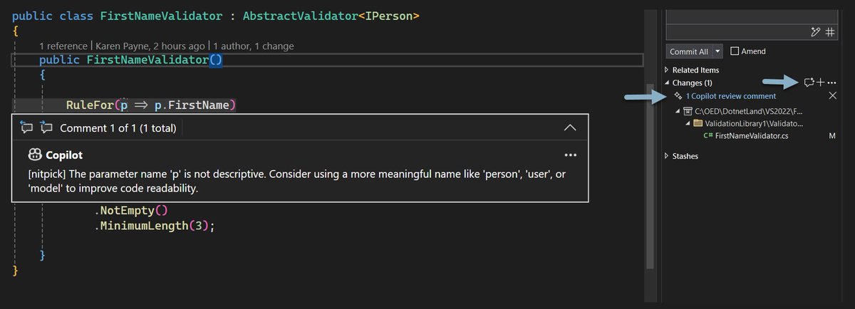 KarenPayneMVP's tweet image. Visual Studio&apos;s new code review feature. Note the recommendation from a single character to a more verbose name.

#visualstudio