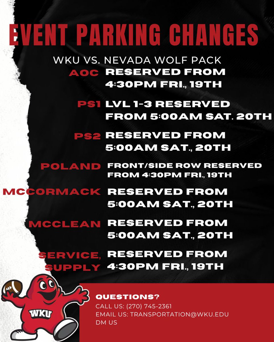 Heading to the WKU vs. Nevada Wolf Packs game? Expect traffic pattern changes around campus and Houchens-Smith Stadium. Plan ahead, arrive early, and follow posted signs to keep game day moving smoothly. #gotops #wkuknowparking