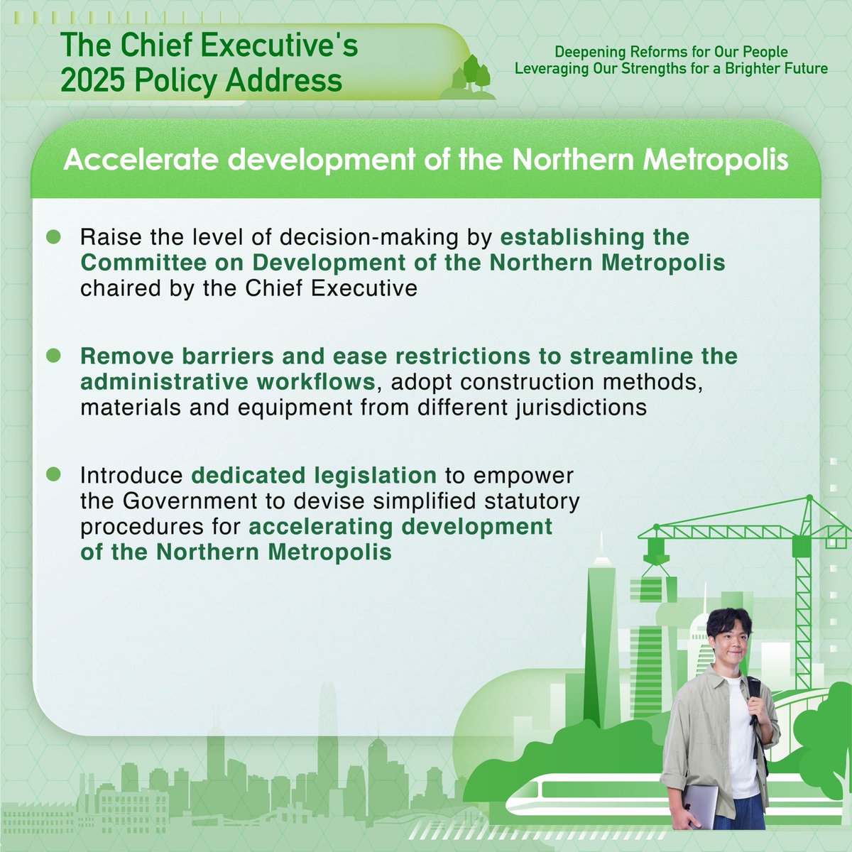 #policyaddress2025 announces measures to speed up development of the Northern Metropolis, setting up Committee on Development of the Northern Metropolis, removing barriers and easing restrictions to streamline the administrative workflows and introducing dedicated legislation.