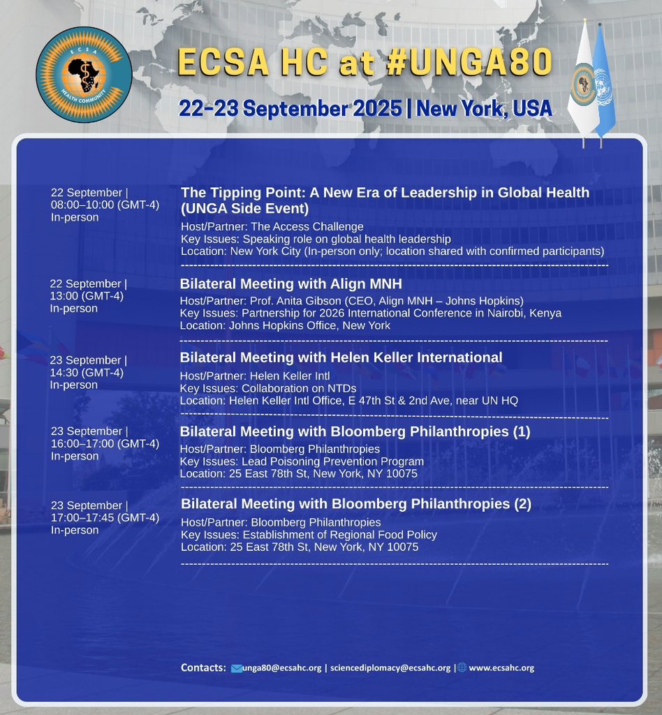 ECSA_HC's tweet photo. Are you attending #UNGA80 #UNGA2025? Join our team led by our Director General Dr @ntulikapologwe ànd get to network &amp; learn more about what we do. Join us also on 24th September at our side session “Science Diplomacy Event” by registering using this link https://t.co/VmsM3rBvSJ https://t.co/yCk19gZRM2
