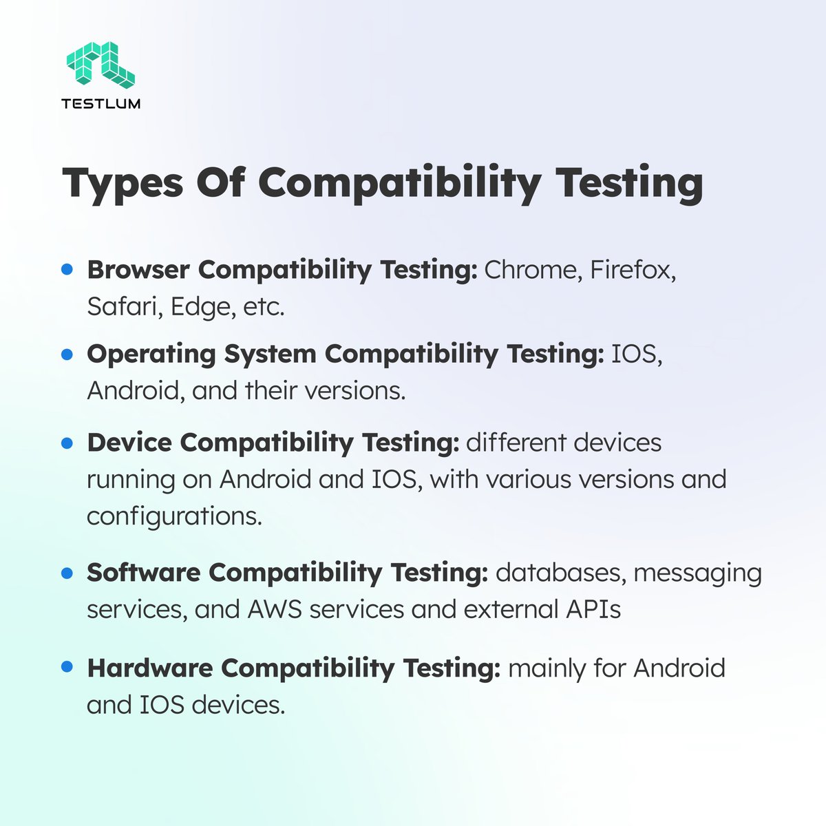 testlum's tweet image. Your app might work perfectly on your dev machine, but will it perform on older devices or different OS? 🤔
Compatibility testing ensures seamless performance across browsers, devices, and networks. It saves time, resources &amp;amp; enhances user experience.