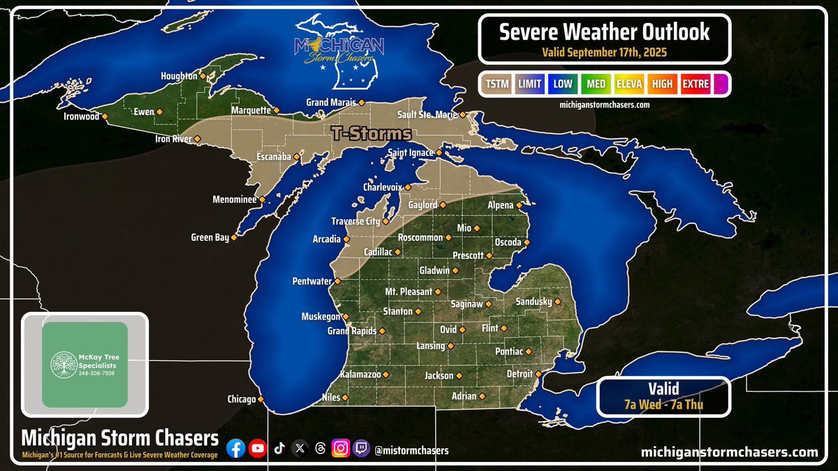 Our thunderstorm outlook for today denotes thunderstorms for some across the UP and northern Lower Peninsula late this afternoon into the overnight hours.

Discussion
A weak trough continues to advance slowly across the Upper Peninsula. With enough daytime heating and instability