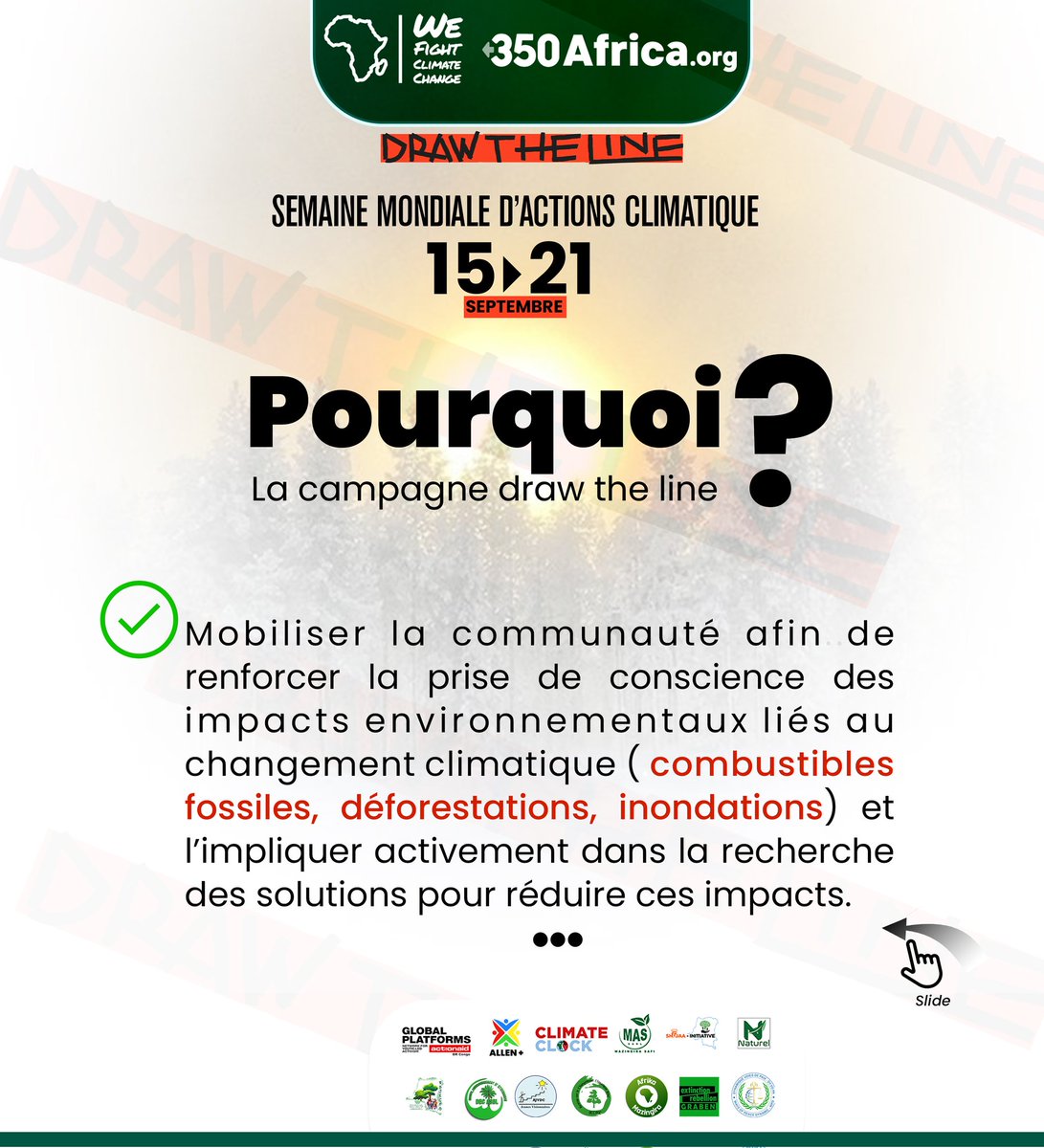 Assez de paroles, place à l’action. 
Nos communautés souffrent des impacts climatiques sans en tirer le moindre bénéfice.
Nous disons STOP aux énergies fossiles et OUI aux solutions durables. Ensemble, nous pouvons tracer la ligne et bâtir un avenir juste et durable. #DrawTheLine