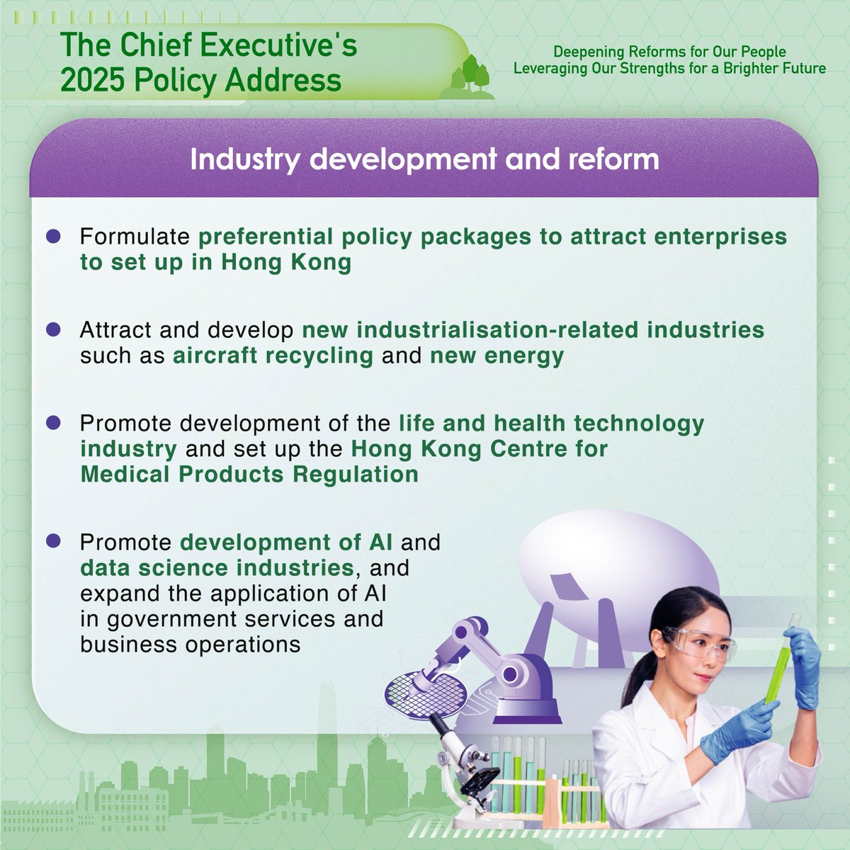 #policyaddress2025 unveils initiatives to support HK’s industry development and reform, including preferential policy packages to attract enterprises to set up in HK, developing new industrialisation-related industries.