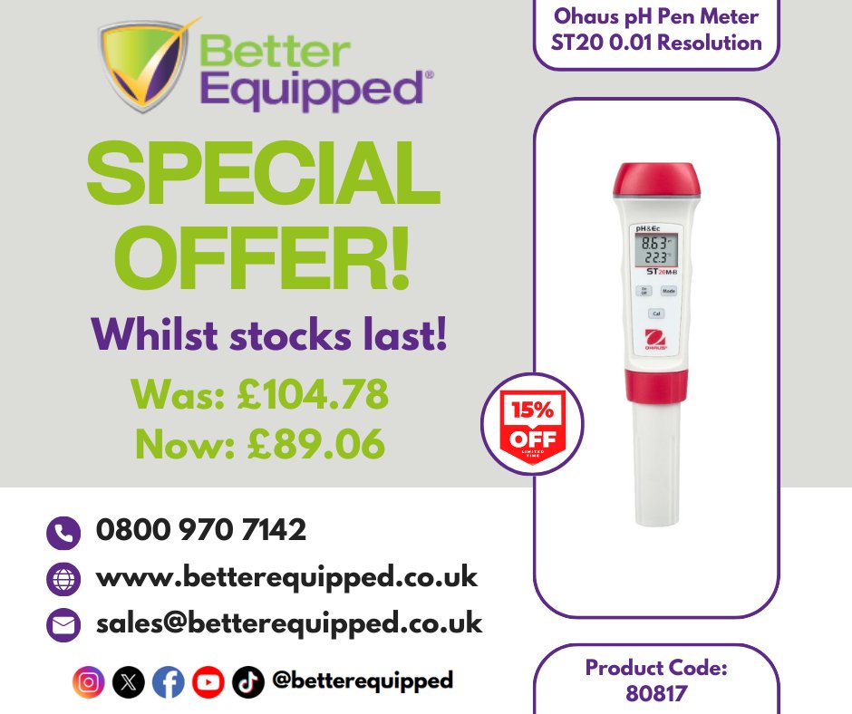 💥 SPECIAL OFFER ALERT! 💥
Get the Ohaus pH Pen Meter ST20 (0.01 Resolution) at a massive 15% OFF — only £89.06 (was £104.78)
⏳ Hurry, limited stock available — don’t miss out!
betterequipped.co.uk/ohaus-ph-pen-m…

📦 Product Code: 80817