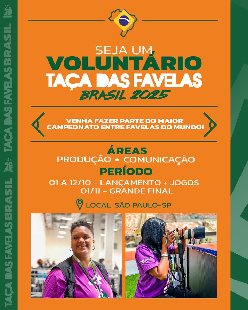 🏟Quer viver os bastidores da maior competição entre favelas do mundo? Agora é a sua chance!

💥 Se inscreva para ser voluntário na Taça das Favelas Brasil 2025! Os jogos vão rolar na Vila Nova Manchester, em São Paulo.

📲 O link: docs.google.com/forms/d/e/1FAI…

#tacadasfavelas #cufa