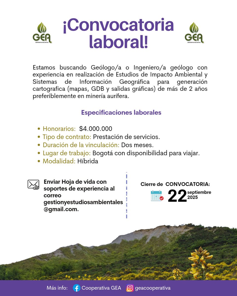 #ConvocatoriaLaboral 💼 Te estamos buscando 🙋🏻‍♀️ Si cumples con alguno de los siguientes perfiles que ves en las imágenes, envíanos tu hoja de vida.

💡Importante que los perfiles presentados tengan experiencia en Estudio de Impacto Ambiental preferiblemente en minería aurífera