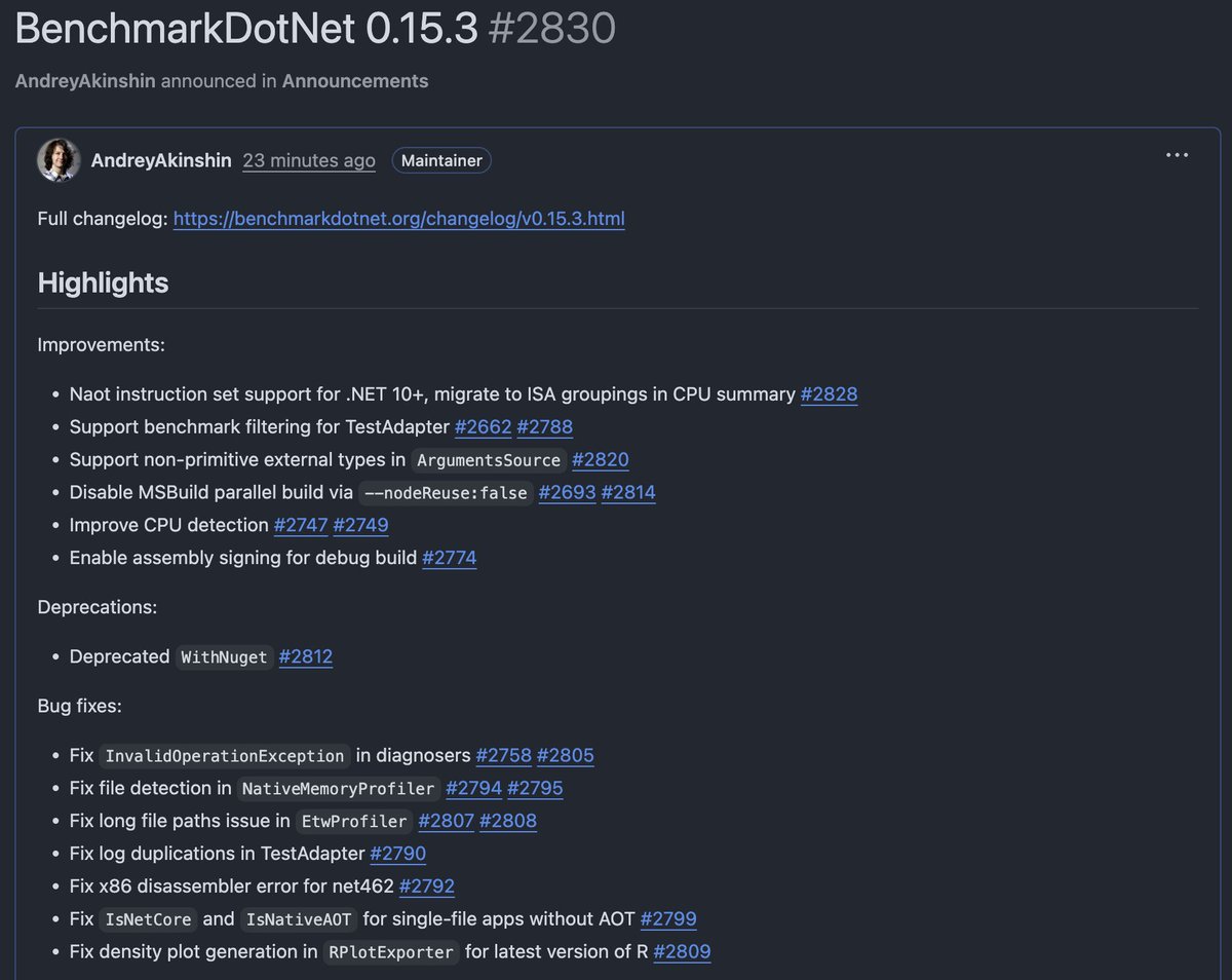 BenchmarkDotNet's tweet image. BenchmarkDotNet v0.15.3 has been released!
github.com/dotnet/Benchma…