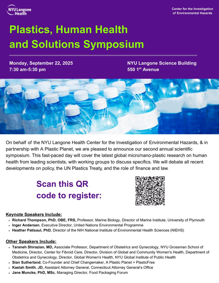 We’re less than one week away from  our second annual NYULH CIEH Plastics, Human Health, and Solutions Symposium!

Register Here: eventbrite.com/e/the-2025-pla…