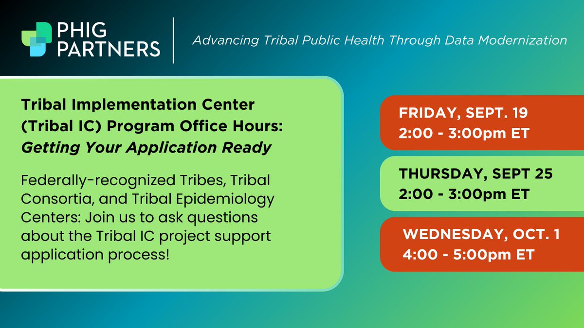 NNPHI_ORG's tweet image. 📢 The #Tribal Implementation Center is now accepting applications from federally recognized Tribes, Consortia &amp;amp; Tribal Epi Centers for #datamodernization projects.
🔗Apply here: phinfrastructure.org/implementation…
💬Learn more during Office Hours: kauffmaninc.zoom.us/meeting/regist… @CDCgov @ASTHO