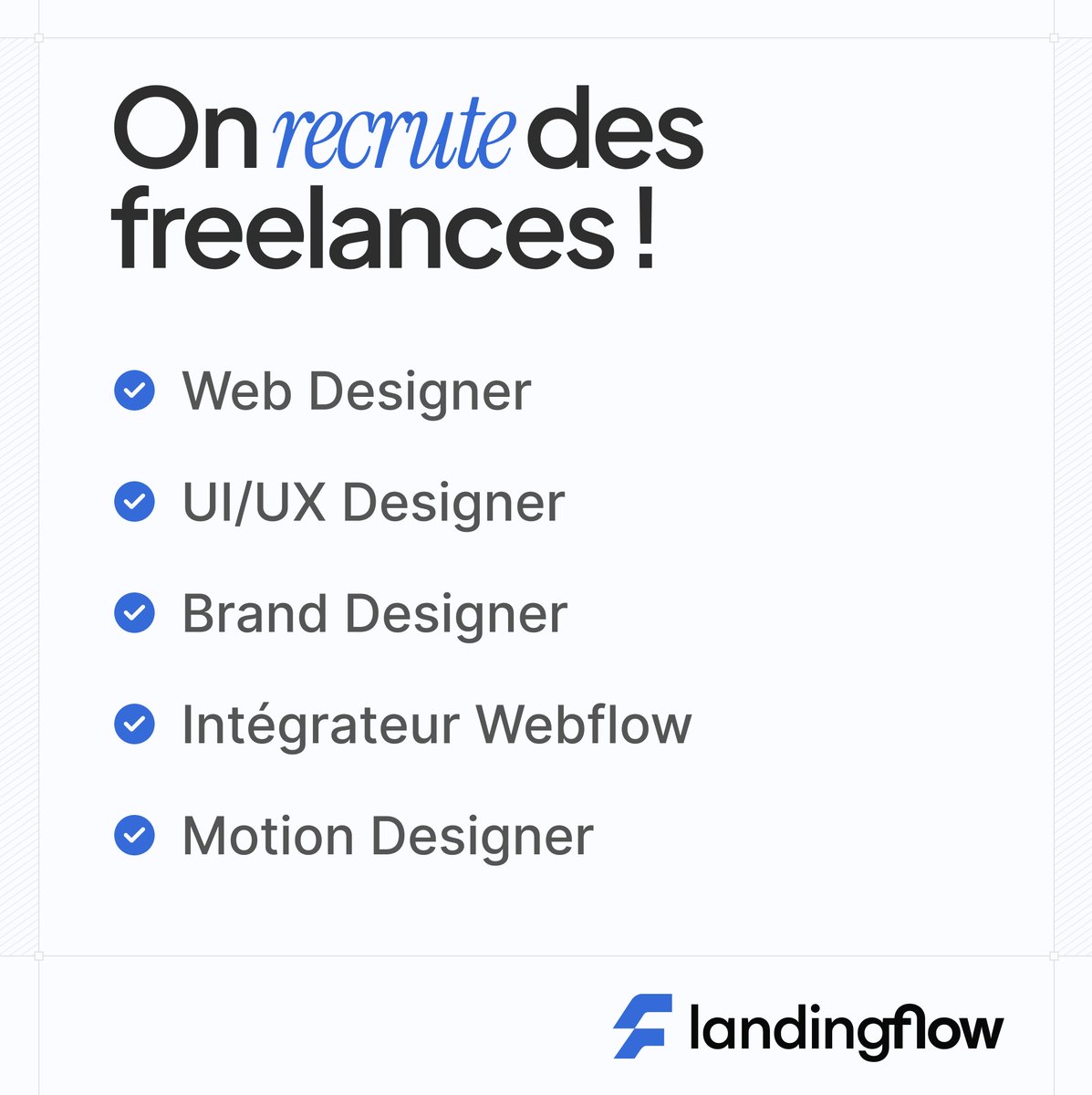 🚨 On recrute des Designers + intégrateurs Webflow (collab long terme)

On a besoin de talents pour nous aider à répondre à la demande qui arrive

Qui est la meilleure personne que tu recommandes ? Tag la en com ! (commission si recruté)

Lien pour postuler en 2e tweet 👇