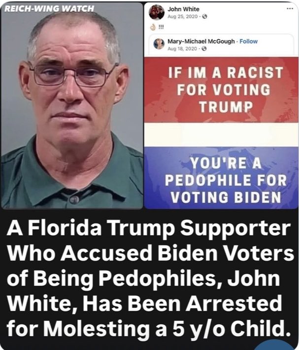 Wow another Florida Trump Supporter named John White was arrested for molesting a five year old child. He’s the guys that accused Biden voters of being pedophiles and it’s always these guys that are the ones doing the nasty crap!😡