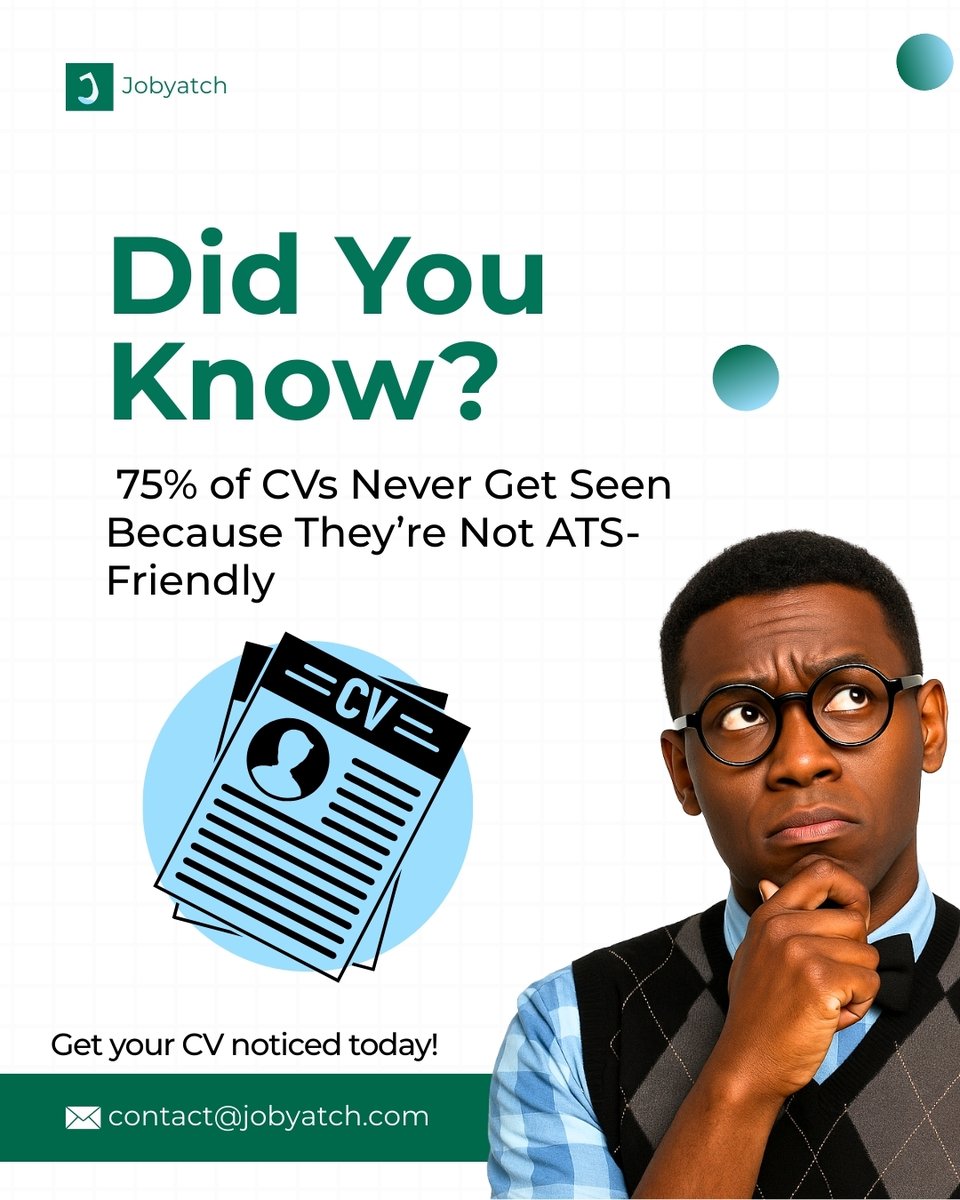 jobyatch's tweet image. Did you know 75% of CVs never even get seen because they’re not ATS-friendly?
Don’t let your dream job slip away!
Get your CV noticed today with Jobyatch, where opportunities meet preparation.

Visit jobyatch.com/write-my-cv/ to get started.

#Jobyatch #CVTips #ATSCV #CareerGrowth