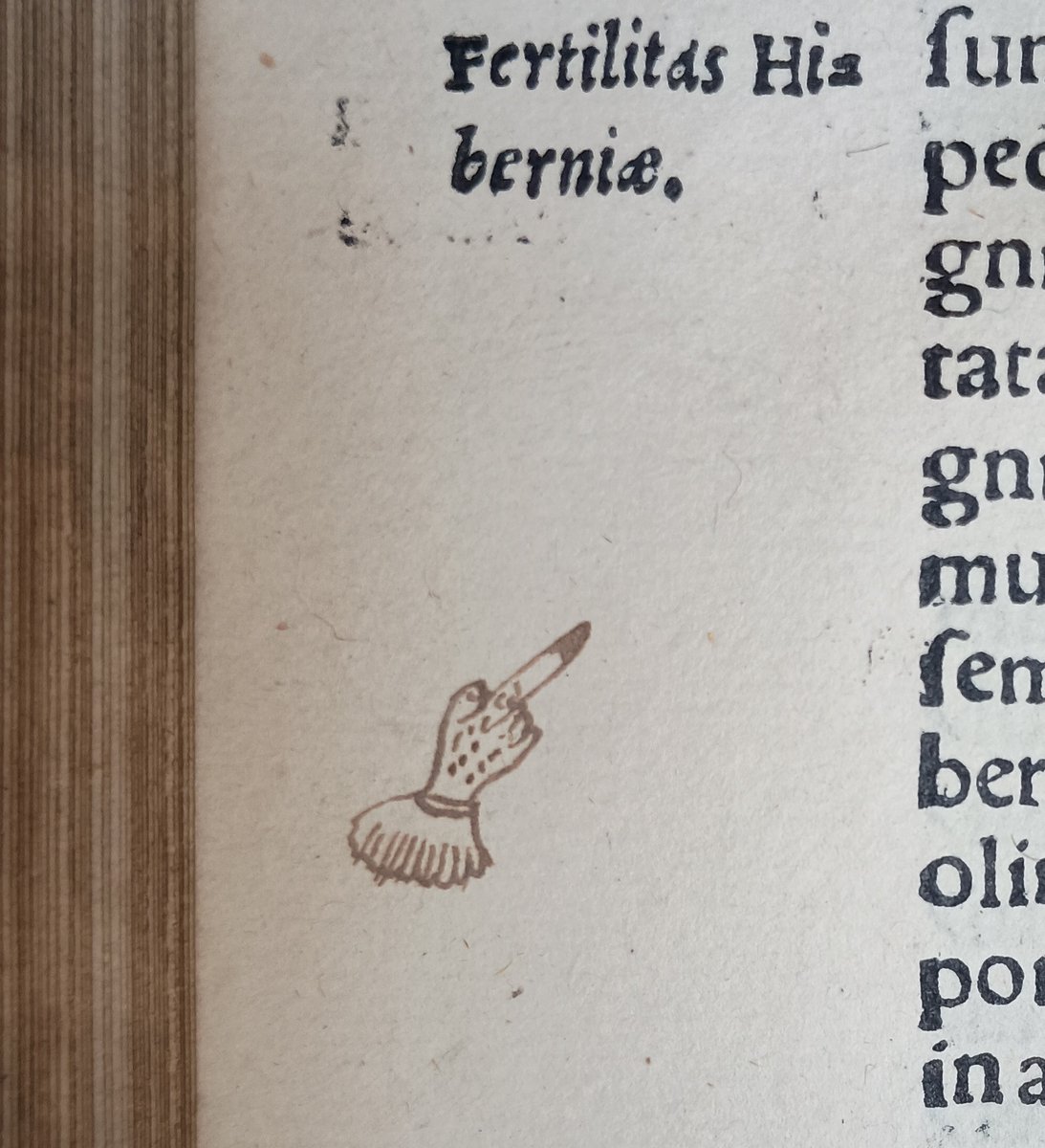 MarshsLibrary's tweet image. An early reader added a lovely gloved manicule, or pointing finger, to Sebastian Münster&apos;s 1554 Cosmography at the section on Ireland, described as a fertile land with a pleasant climate. Münster&apos;s not quite so complimentary about the people ...