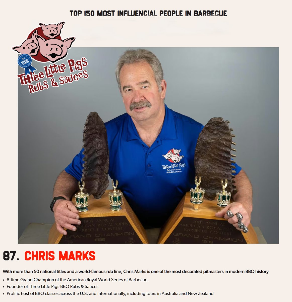 “I’m truly honored to be named one of the Top 150 Most Influential People in Barbecue by the Under Seasoned BBQ Show, hosted by Jay Beaumont Meatstock and  Sigh Luxton. <a href="/ChampBBQ/">Three Little Pig's</a> <a href="/BBQspot/">BBQspot</a> #threelitlepigsbbqrubs #Influencer #champion