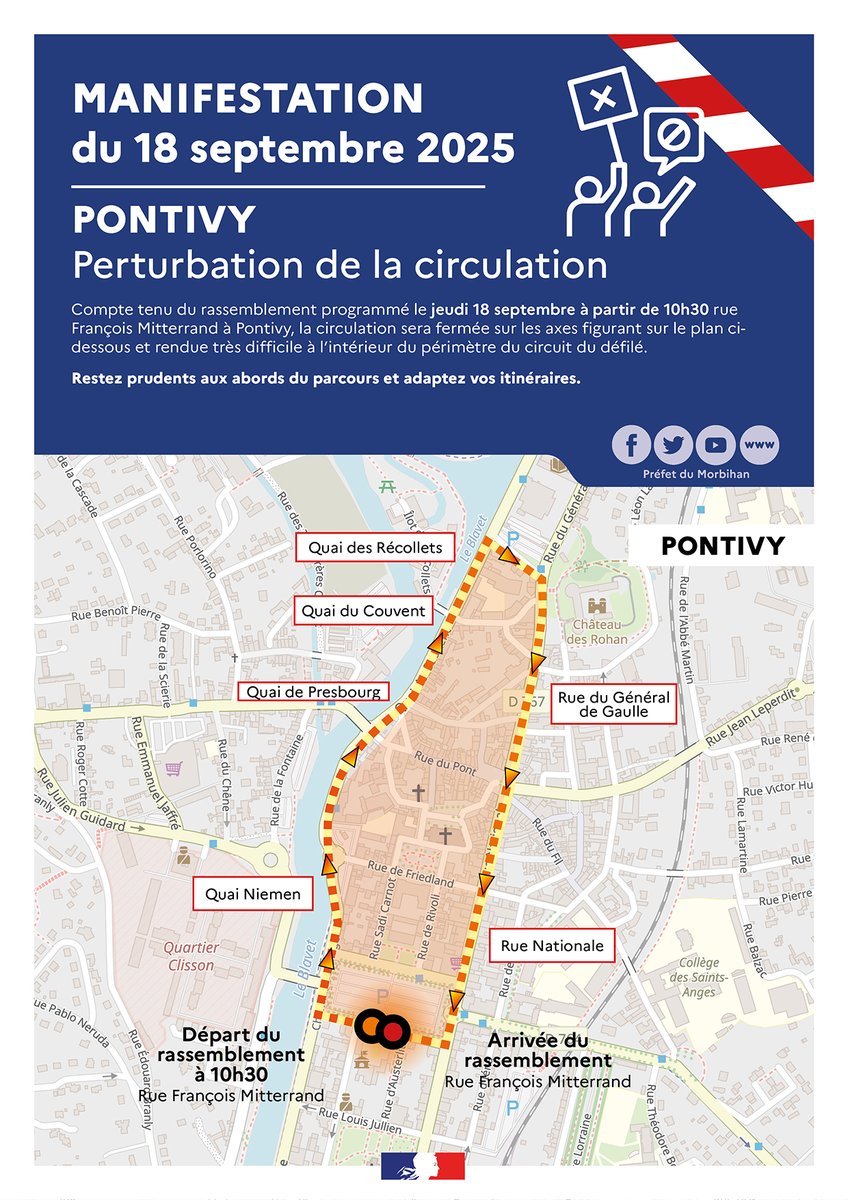 #Manifestation | ⚠️
Compte tenu des rassemblements déclarés pour demain jeudi #18septembre, la circulation sera rendue difficile à certaines heures sur #Vannes, #Lorient, #Pontivy et #Auray.
Vous trouverez ci-dessous les parcours des manifestations. 👇
Les déviations et