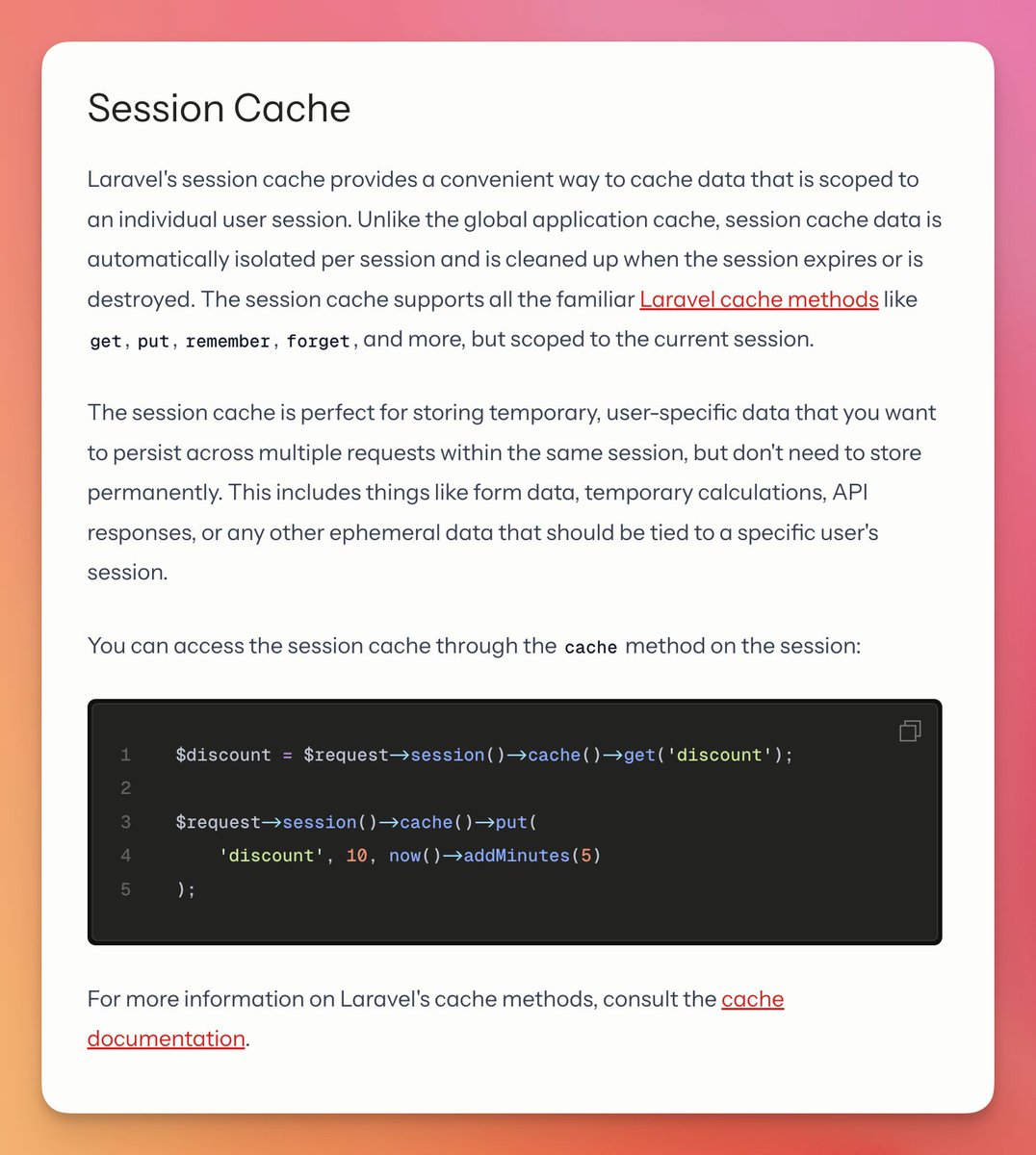 taylorotwell's tweet image. This week's Laravel release shipped with a new "session" cache. ⚡
The session cache provides a convenient way to cache data that is scoped to an individual user session.
Great community contribution from @joaopalopess 🤝