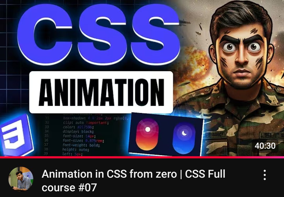 YashSainiCodes's tweet image. 📅 Day 17 – Web Development Journey

Topic Covered:
CSS Animation

Thanks 🙏 to @rohit_negi9 Bhaiya &amp;amp; @adityatandon02 Bhaiya for an amazing course!

#180DaysOfCode #WebDevelopment #CoderArmy